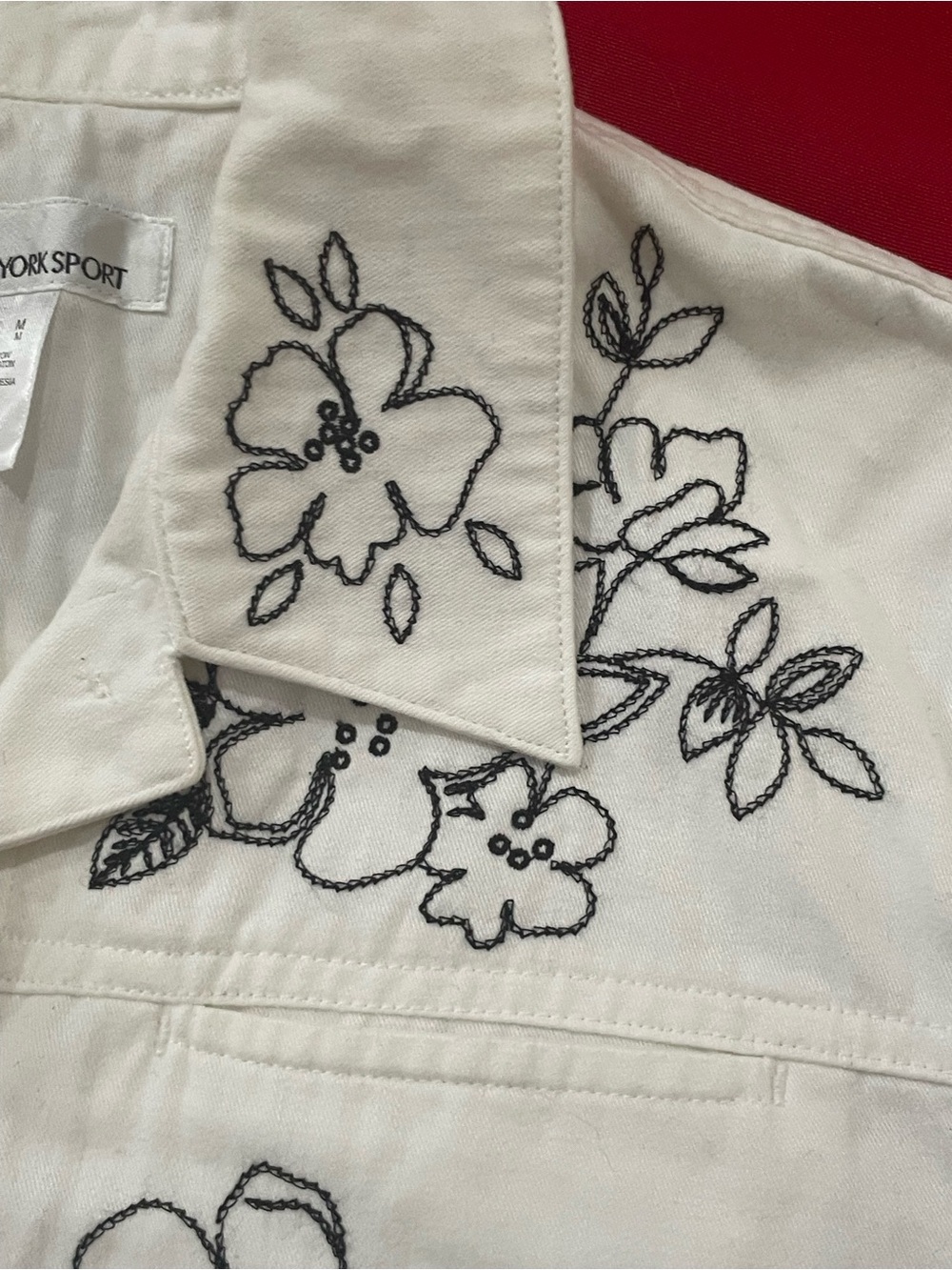 Jones of New York Hippie Boho White w/Black Embroidered Floral Jacket Sz M